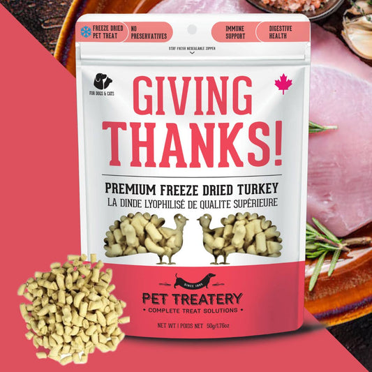 Packaging of 'Giving Thanks! Premium Freeze-Dried Turkey' pet treats with an image of the treats and a turkey on the front, alongside a graphic of a Canadian flag, indicating possibly made in Canada.