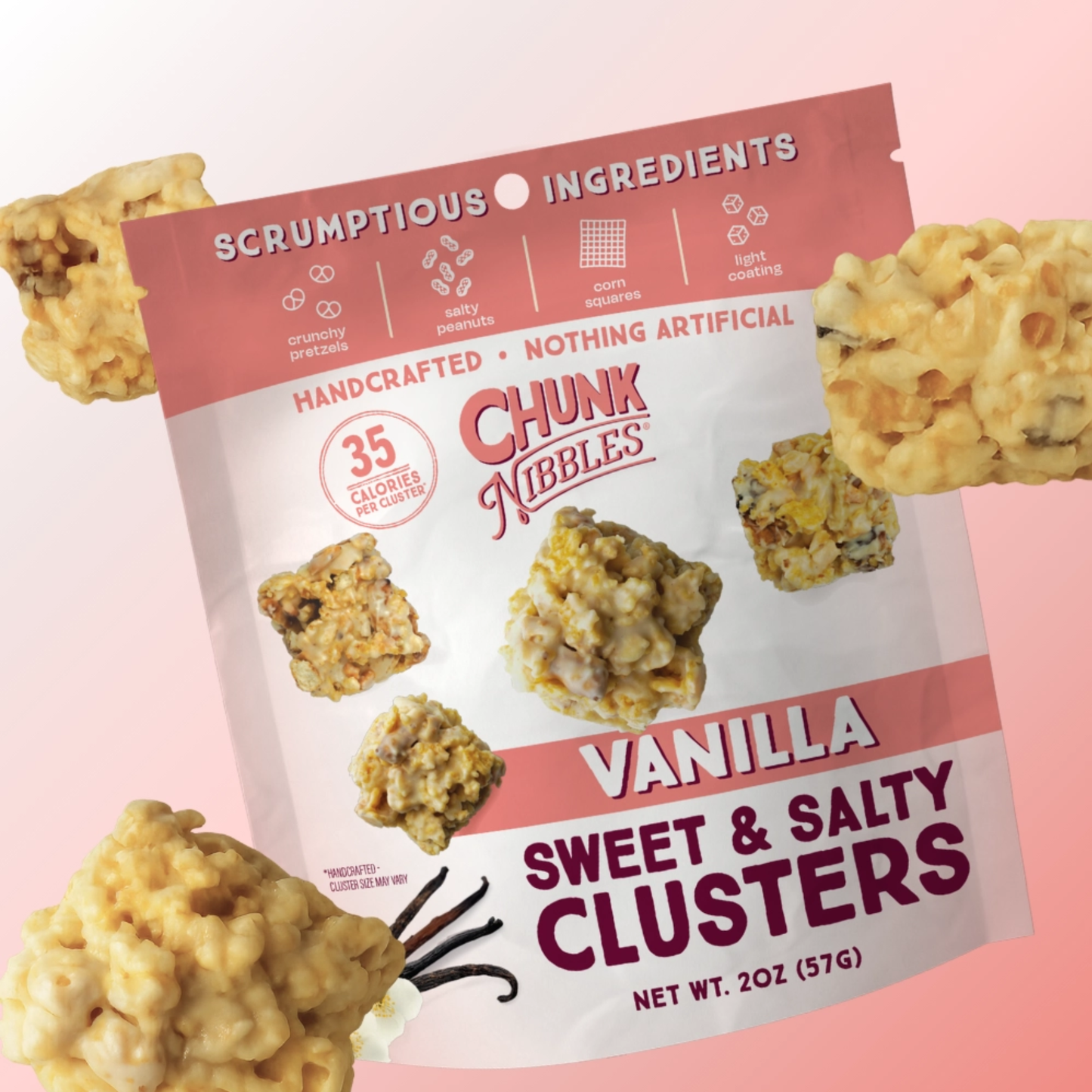 a bag of chunk nibbles vanilla sweet and salty clusters against a pink background