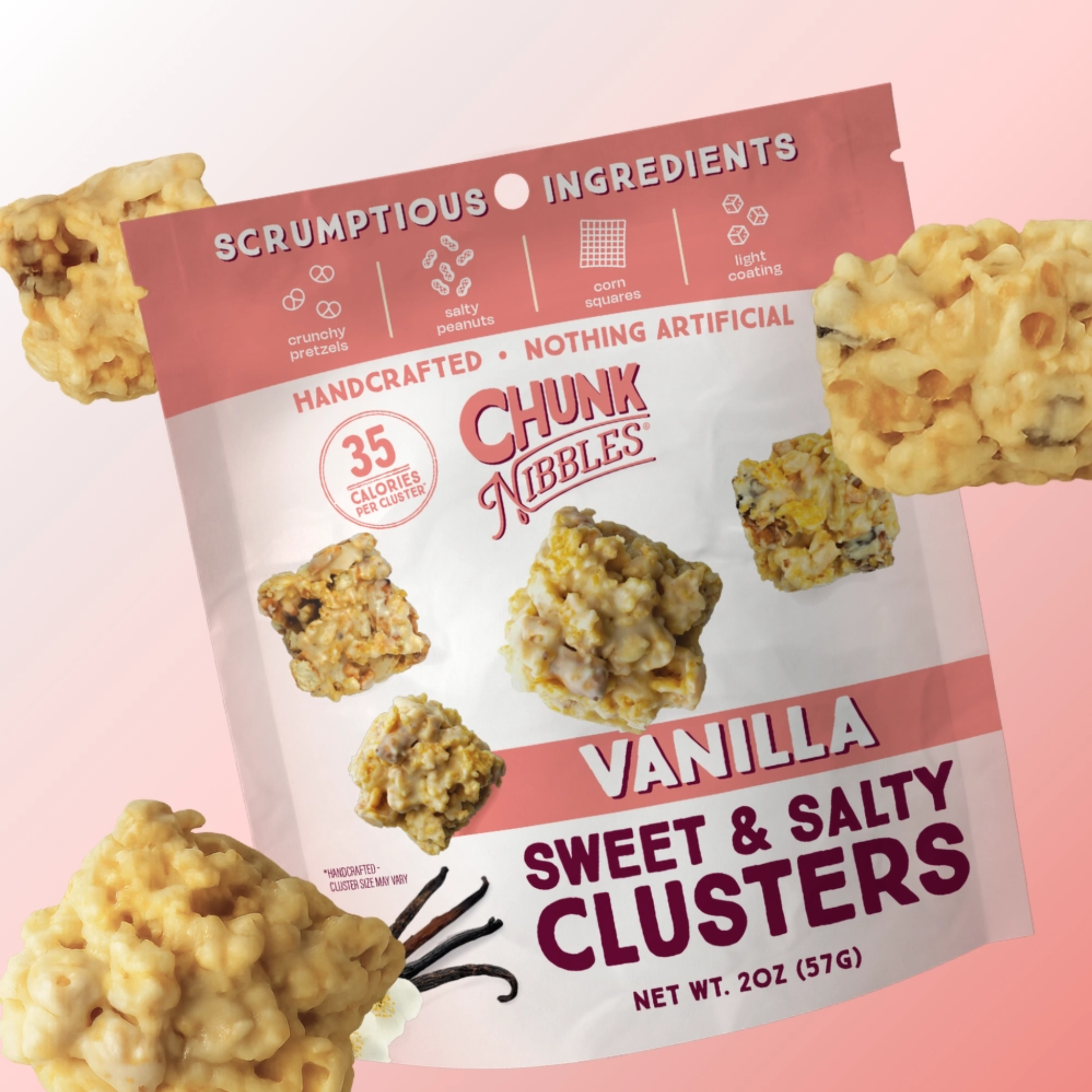a bag of chunk nibbles vanilla sweet and salty clusters against a pink background