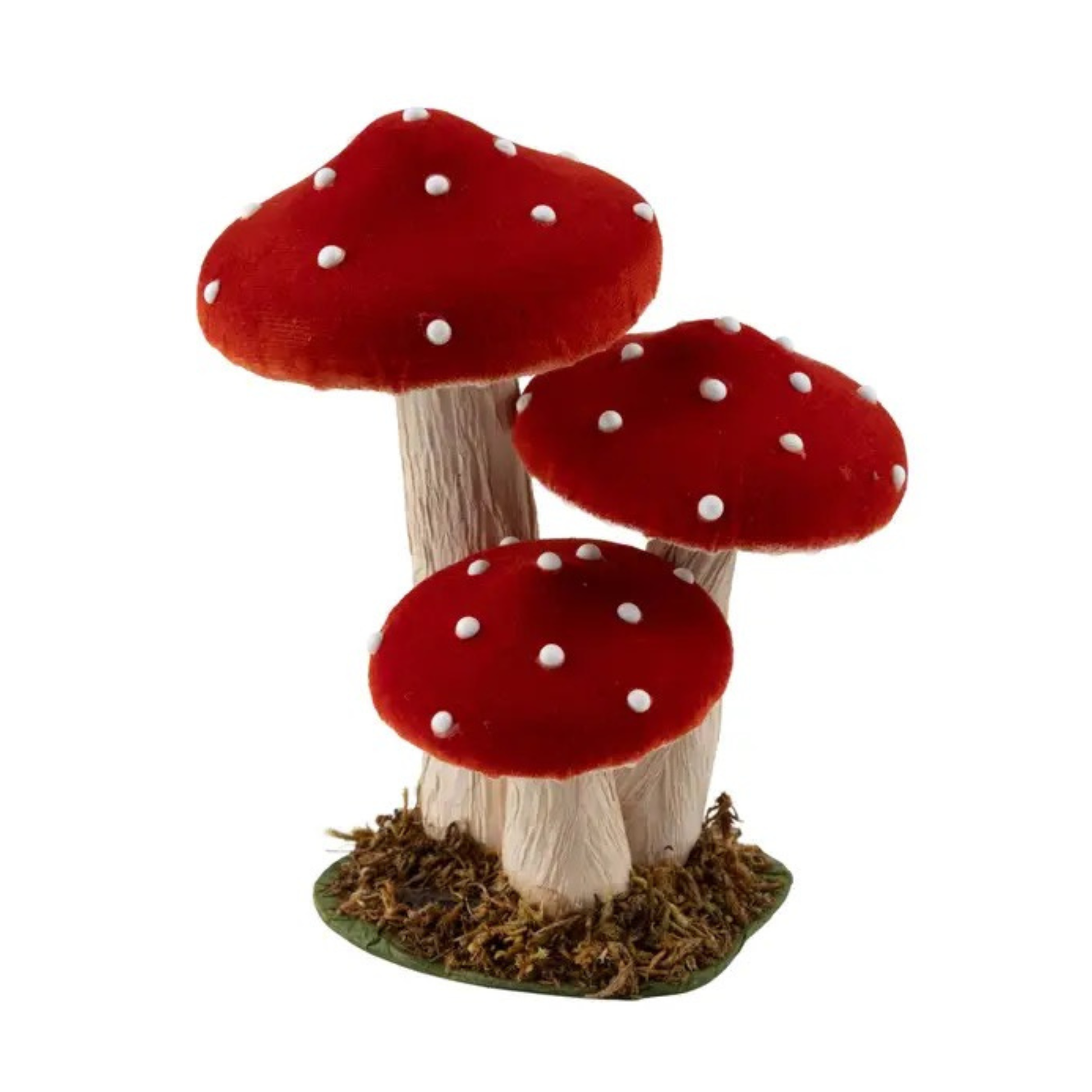 Three red mushrooms with white spots on a white background