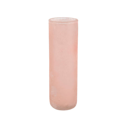 a pale pink vase with a plain white background