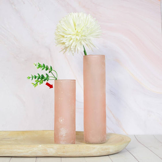 Two cylindrical pink vases of different sizes, one with a single large white flower and a smaller green plant, placed on a wooden surface with a light background.