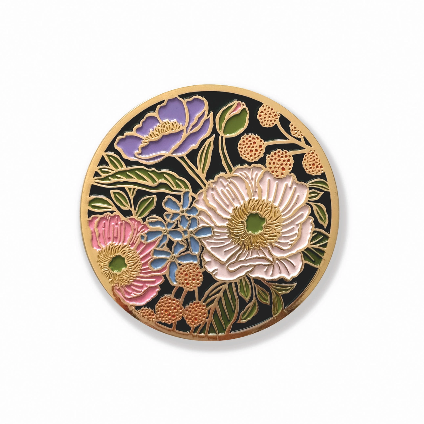 a gold plated coaster with a vibrant floral design against a white background