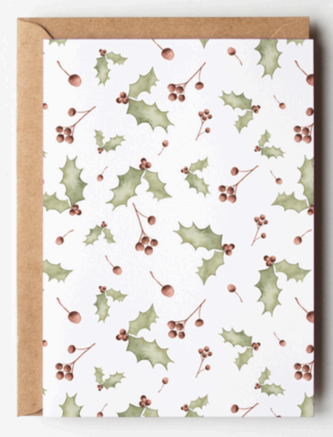watercolour Greeting card with holly pattern and brown envelope