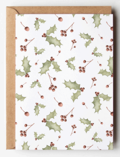 watercolour Greeting card with holly pattern and brown envelope