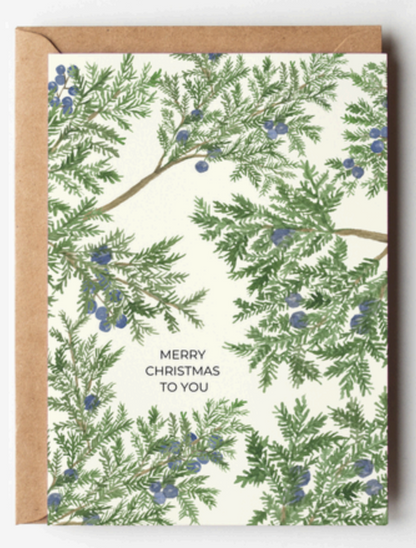 watercolour Christmas card with greenery and berries design on a white background