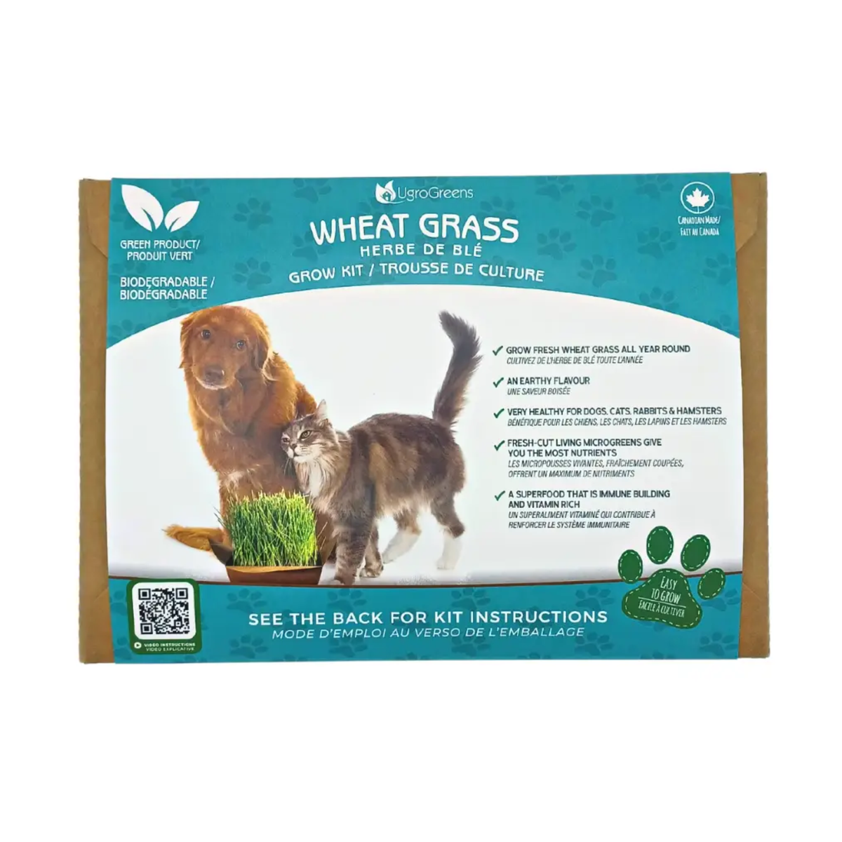 a cardboard package labeled wheat grass grow kit containing wheat grass micro greens with an image of a dog and cat on the front of the package resting on a white background
