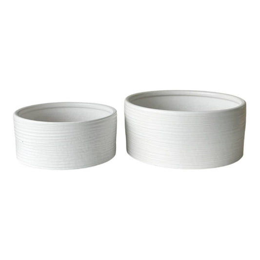 two Minimalist white planters in different sizes with white background