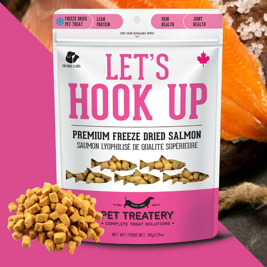 Packaging of Wild Salmon Freeze-Dried Pet Treats showing the product and fish fillets as an ingredient, with a pink maple leaf symbol, indicating the treat is made in Canada.