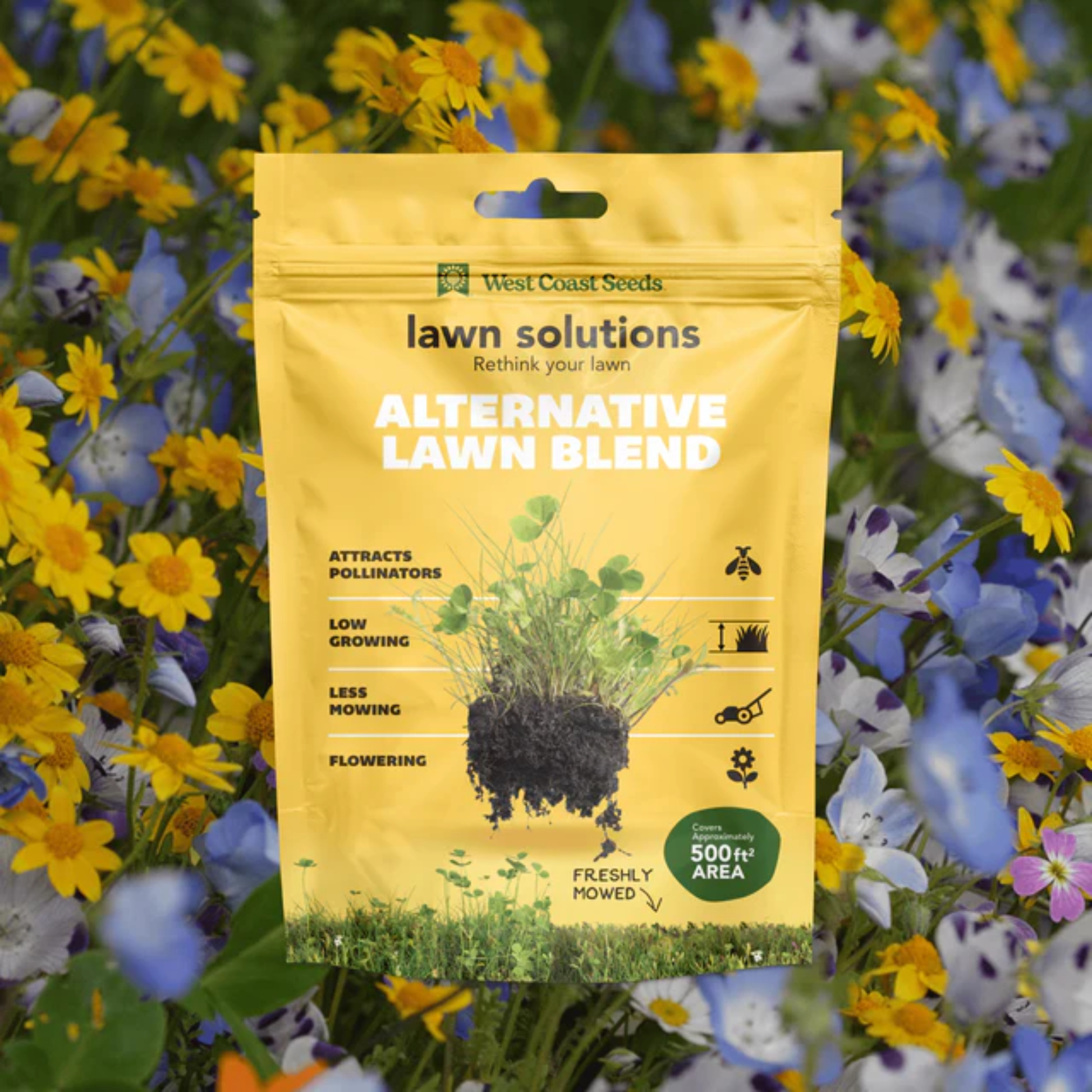 a bright yellow bag of alternative lawn blend wildflower mix with a garden of wildflowers in the background